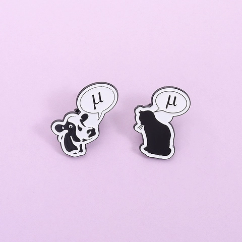 Cartoon Enamel Pin Cute Cow And Black Cat Brooch With Greek Letter Mu Zinc Alloy Baking Varnish Badge For Clothing Decor