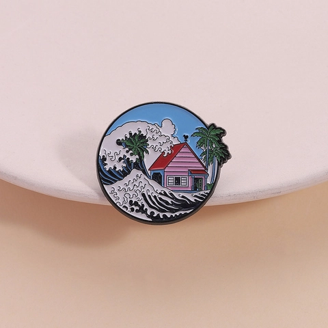 Creative Seaside Landscape Enamel Pin Round Ocean Waves Palm Trees House Zinc Alloy Badge Clothing Jewelry Brooch Gift