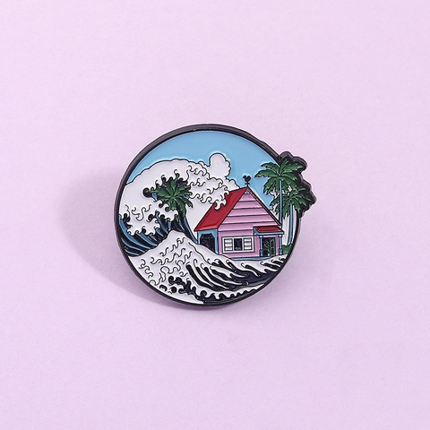 Creative Round Enamel Brooch Cartoon Wave Palm Tree House Pattern Badge For Clothing Backpack Hat Decor Accessories