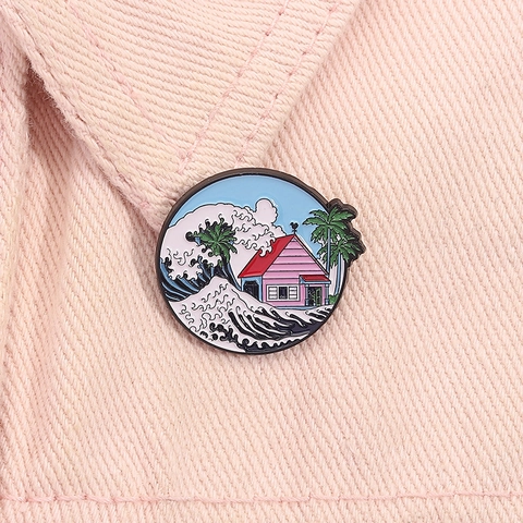 Creative Round Enamel Brooch Cartoon Wave Palm Tree House Pattern Badge For Clothing Backpack Hat Decor Accessories