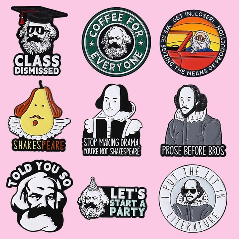Ensemble de Pin's en Émail Caricature Amusante Karl Marx Et William Shakespeare Broche Créative en Alliage de Zinc pour Décoration de Vêtements Sac à Dos