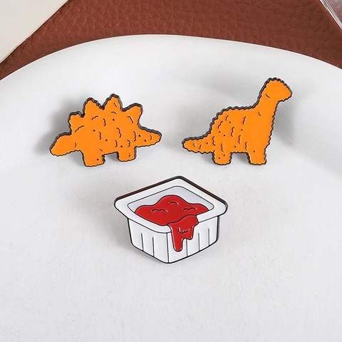 Cartoon Dinosaur Chicken Nugget Ketchup Enamel Pins Funny Food Badges Alloy Brooches For Backpack Clothes Hat Decoration
