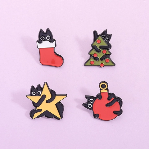 Süße Cartoon Weihnachten Schwarze Katze Emaille Pins Tier Legierung Brosche Abzeichen Für Rucksack Kleidung Jacke Dekoration Geschenk Damen Kinder