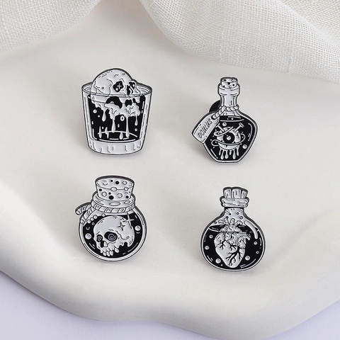 Gothic Dunkler Stil Skelett Herz Auge Zaubertrank Flasche Emaille Brosche Schwarz Weiß Minimalistisch Zinklegierung Anstecknadel