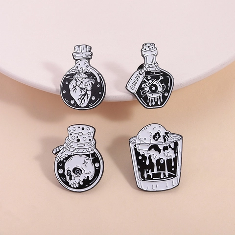 Gothic Dunkler Stil Skelett Herz Auge Zaubertrank Flasche Emaille Brosche Schwarz Weiß Minimalistisch Zinklegierung Anstecknadel