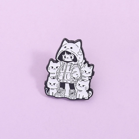 Cartoon Mädchen Mit Katzen Kapuzenpullover Emaille Anstecknadel Abzeichen Persönlichkeit Weiße Katzen Zinklegierung Brosche Unisex Zubehör