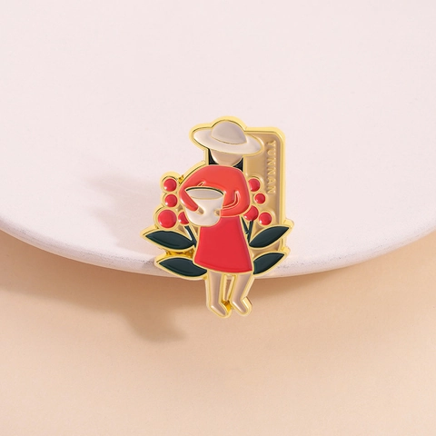 Vintage Yunnan Kaffee Mädchen Emaille Brosche Zinklegierung Figur Abzeichen Kleidung Tasche Dekor Reversnadel Schmuck Geschenk