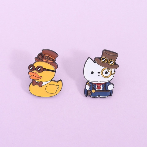 Broche de Esmalte Steampunk Aleación de Zinc Dibujos Animados Patito Amarillo Gato Blanco Pin de Solapa Insignias Para Ropa Bolsas Joyería Unisex Regalo