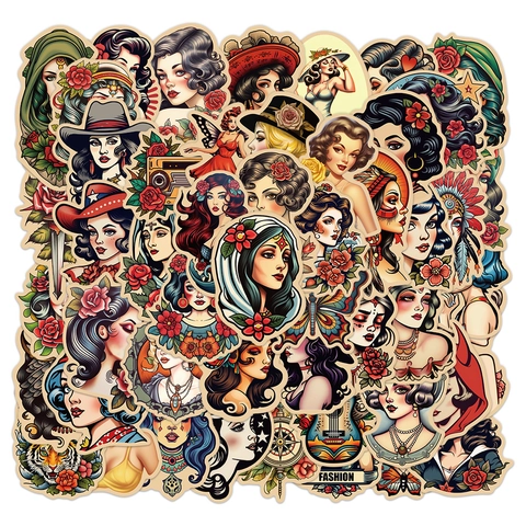 Amerikanisches Retro Tattoo Stil Pin Up Girl Aufkleber Set Wasserdichte PVC Matte Deko Sticker Für Laptop Koffer Gitarre