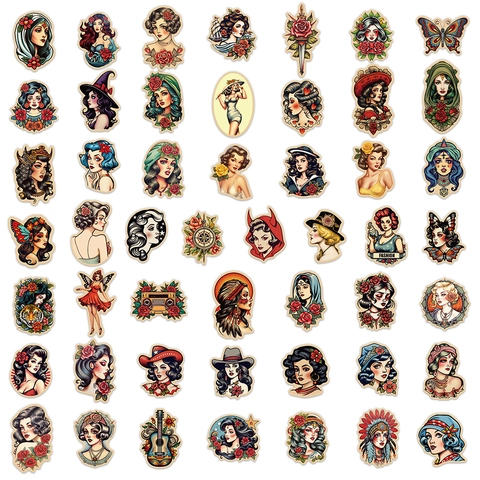 Amerikanisches Retro Tattoo Stil Pin Up Girl Aufkleber Set Wasserdichte PVC Matte Deko Sticker Für Laptop Koffer Gitarre