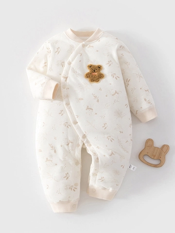 Tutina Imbottita in Cotone per Neonato con Stampa di Orso di Natale e Fiori Manica Lunga Pagliaccetto Caldo per Autunno Inverno