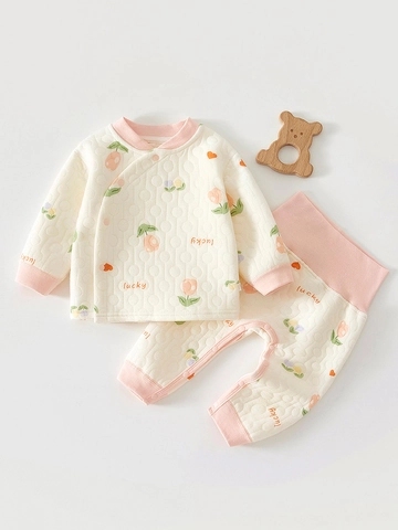 Baby Warme Gesteppte Baumwollkleidung Outfit Langarm Kimono Top Hohe Taille Bauchschutz Hose Herbst Winter Säuglingsbekleidung