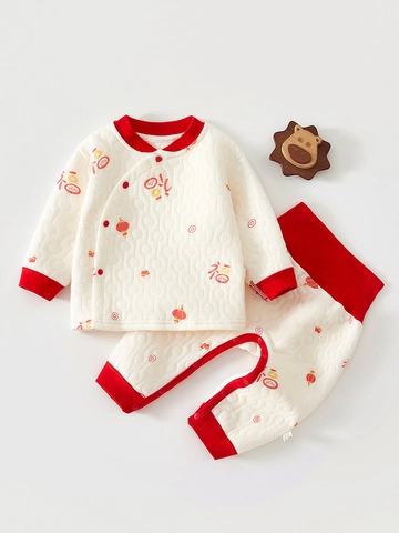 Completo Intimo Termico Trapuntato per Neonati in Cotone Maglia a Maniche Lunghe e Pantaloni Stile Cinese Stampa Rossa