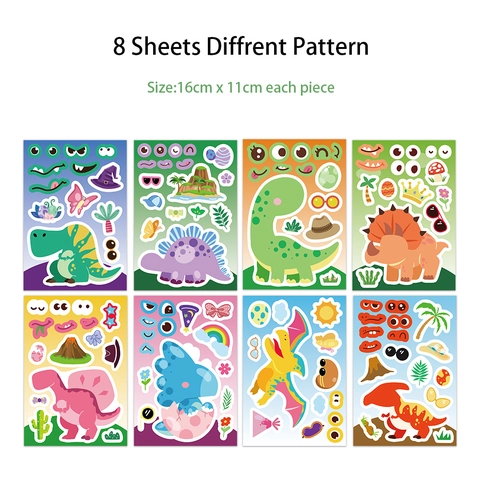 Cartoon Dinosaur DIY Face Stickers For Kids Birthday Party Favors Waterproof PVC Educational Creative Toy Decals For Decoration