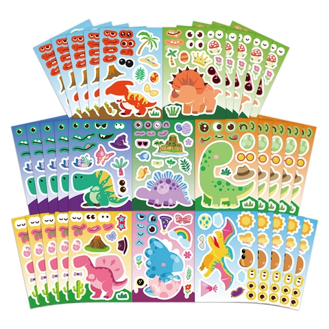 Cartoon Dinosaur DIY Face Stickers For Kids Birthday Party Favors Waterproof PVC Educational Creative Toy Decals For Decoration