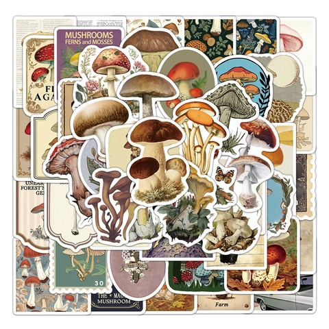 50PCS Vintage Mushroom Stickers Retro Plant Decals For DIY Luggage Laptop Fridge Phone Waterproof Scrapbooking Journal Decoration