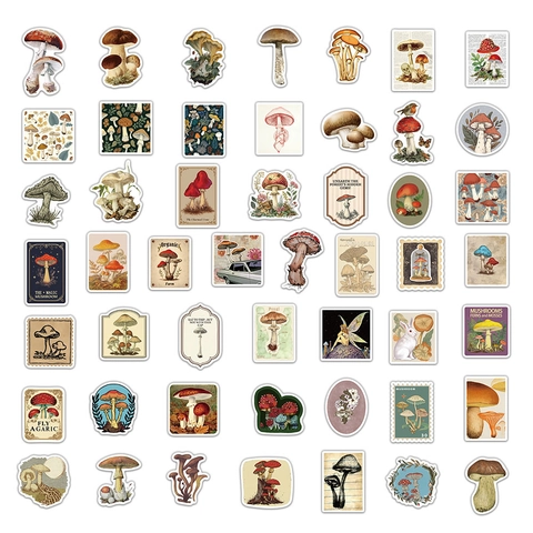 50PCS Vintage Mushroom Stickers Retro Plant Decals For DIY Luggage Laptop Fridge Phone Waterproof Scrapbooking Journal Decoration