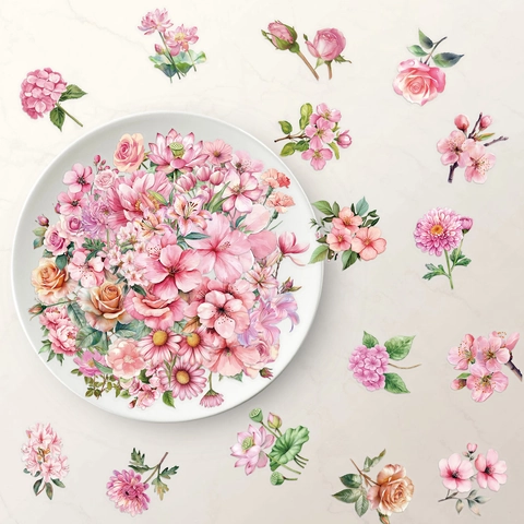 Confezione Adesivi Fiori Rosa Acquerello PET Trasparente Impermeabile Decalcomanie Floreali per Laptop Scrapbooking Decorazione