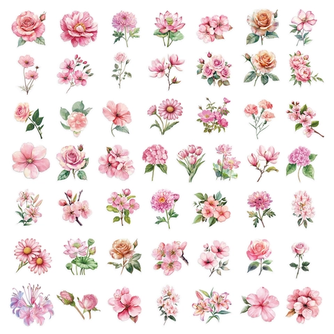 Confezione Adesivi Fiori Rosa Acquerello PET Trasparente Impermeabile Decalcomanie Floreali per Laptop Scrapbooking Decorazione