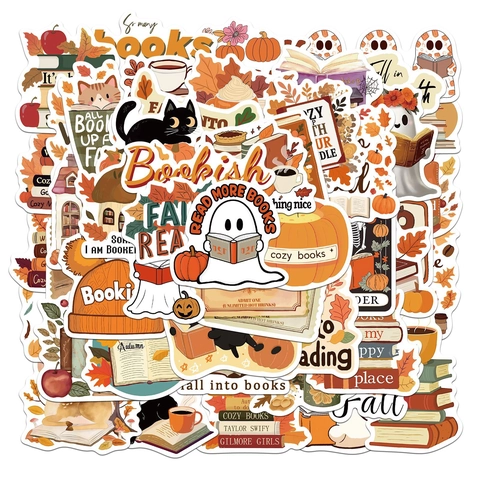 50Pcs Pegatinas de Lectura de Otoño Impermeables Estéticas Halloween Vinilo Calcomanías para Botella de Agua Laptop Teléfono Frigorífico