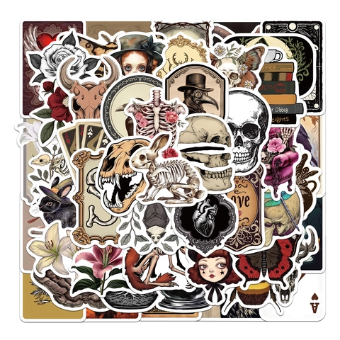 Gotico Vintage Adesivi Dark Academia Impermeabile Vinile Decalcomanie per Laptop Custodia Cellulare Chitarra Bottiglia d'Acqua Teschi Corvi Estetica Scrapbooking