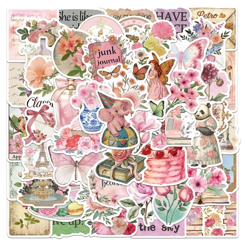 50 Pezzi Adesivi Estetici Rosa Vintage Retro per Journaling Scrapbooking PVC Impermeabili per Valigia Laptop Tazze