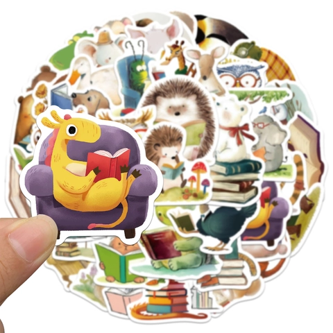 Adesivi Cartoon Animali che Leggono Impermeabili PVC Decalcomanie Decorative per Laptop Valigia Diario Regalo per Studenti Bambini Design Assortiti