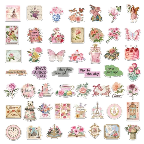 50 Pezzi Adesivi Estetici Rosa Vintage Retro per Journaling Scrapbooking PVC Impermeabili per Valigia Laptop Tazze