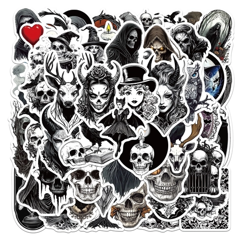 Gothic Horror Totenkopf Aufkleber Wasserdicht PVC Schwarz Weiß Dunkle Ästhetik Decals Für Laptop Skateboard Koffer Deko