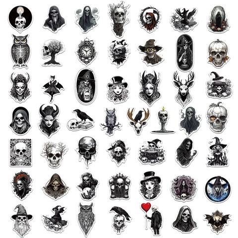 Gothic Horror Totenkopf Aufkleber Wasserdicht PVC Schwarz Weiß Dunkle Ästhetik Decals Für Laptop Skateboard Koffer Deko