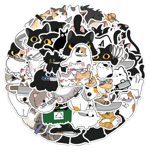 Süße Cartoon Katze Aufkleber Mit Messer Lustiges Meme Wasserdichte PVC Decals Für Laptop Koffer Skateboard Dekoration