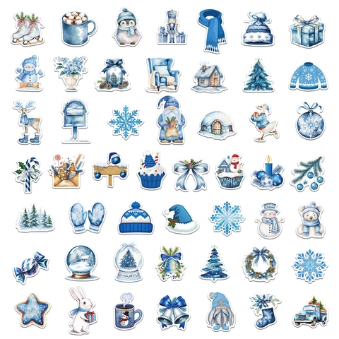 50PCS Winter Cartoon Stickers Cute Blue Christmas Snowman Penguin Waterproof PVC Decals For Water Bottle Laptop Phone Case Scrapbooking