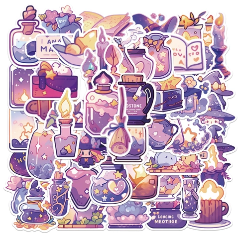 Kawaii Pozione Magica Adesivi Cartoni Animati Impermeabili PVC Viola Estetici Doodle Decalcomanie Per Laptop Valigia Cover