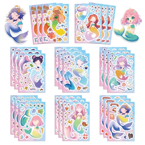 Simpatici Adesivi Cambia Volto Principessa Sirena per Bambini DIY Impermeabili Cartone Animato Sirena Puzzle Educativi