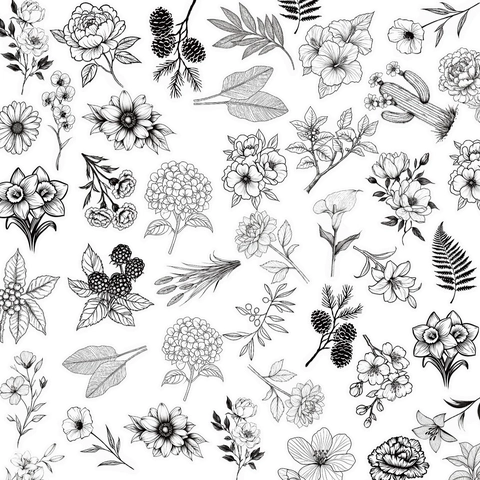 Adesivi in PET Botanici Neri e Bianchi Vintage per Scrapbooking Journaling Fai da Te Arti Mestieri Decorativi Piante Fiori