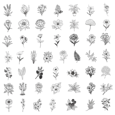 Adesivi in PET Botanici Neri e Bianchi Vintage per Scrapbooking Journaling Fai da Te Arti Mestieri Decorativi Piante Fiori
