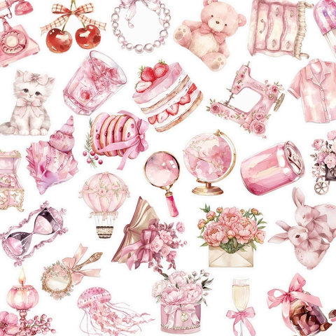 Rosa Süße Cartoon PET Aufkleber Kawaii Floral Katze Kirschblüte Aquarell Dekorativ Ästhetisch Scrapbooking Journal Aufkleber