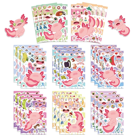 Süße Axolotl Gesicht Machen Aufkleber Für Kinder Rosa Tier DIY Puzzle Aufkleber Wasserdichte PVC Aufkleber Für DIY Scrapbooking