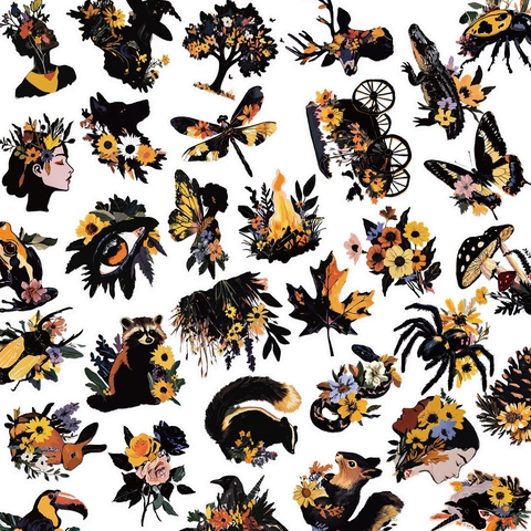 Pegatinas de PET Impermeables Vintage Florales Animales para DIY Scrapbooking Diario Pegatinas Decorativas Estéticas Oscuras