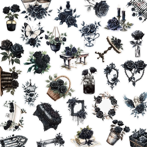 Adesivi PET Gothic Dark Rose Trasparenti Impermeabili Decalcomanie Floreali per Cover Cellulare Diario Scrapbooking Fai da Te