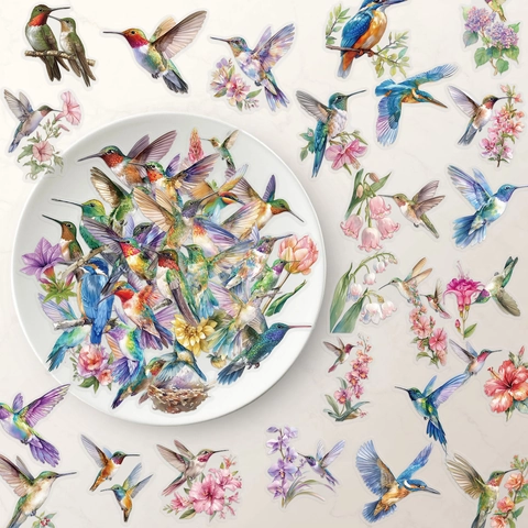 Aquarell Kolibri Blume Transparente PET Aufkleber Wasserdichte Natur Vogel Decals Für Journal Laptop Scrapbooking DIY Handwerk