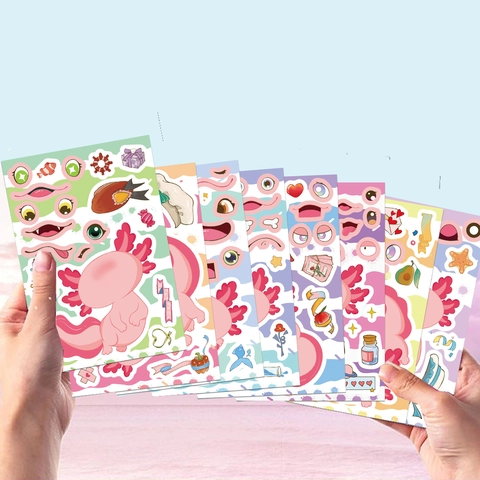 Süße Axolotl Gesicht Machen Aufkleber Für Kinder Rosa Tier DIY Puzzle Aufkleber Wasserdichte PVC Aufkleber Für DIY Scrapbooking