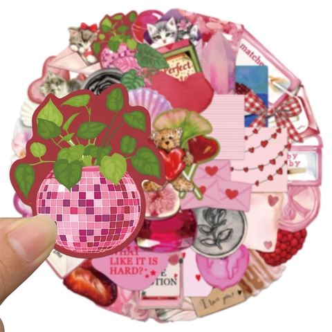 50 Pezzi Adesivi Fai da Te Girlhood Rosa PVC Impermeabili Scrapbooking Decalcomanie per Laptop Valigia Bottiglia Kawaii Cuore Gatto