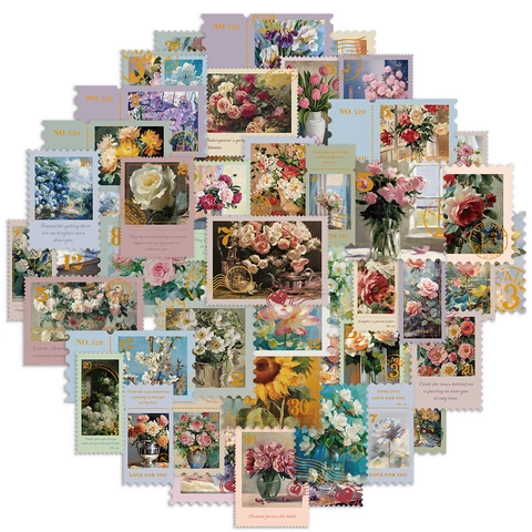 Vintage Floral Kunst Briefmarken Aufkleber Set PVC Wasserdicht Ölgemälde Stil Dekorative Sticker Für Scrapbooking Journal Laptop DIY
