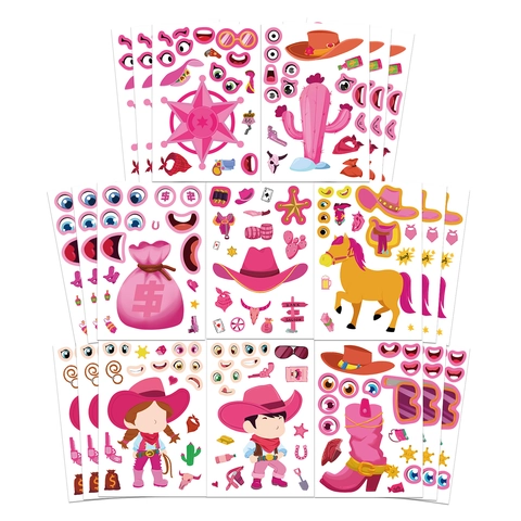 Pink Western Cowboy Make A Face Stickers For Kids DIY Cartoon Theme Party Favors PVC Decorative Stickers For Notebook Laptop
