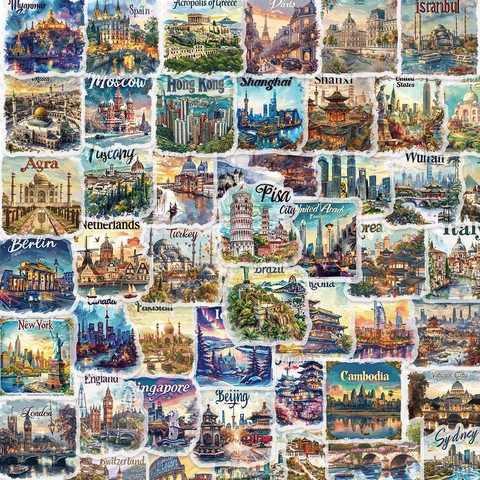 World Landmarks Waterproof PET Decorative Sticker Pack Hand-Painted Illustration Style For Scrapbooking DIY Journaling