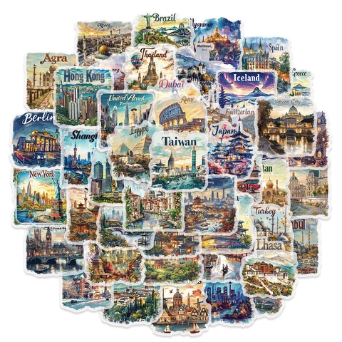 World Landmarks Waterproof PET Decorative Sticker Pack Hand-Painted Illustration Style For Scrapbooking DIY Journaling