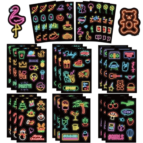 Neon Light Style Waterproof PVC Stickers Pack For Laptop Water Bottle Fridge DIY Decor Cartoon Graffiti Decals For Kids