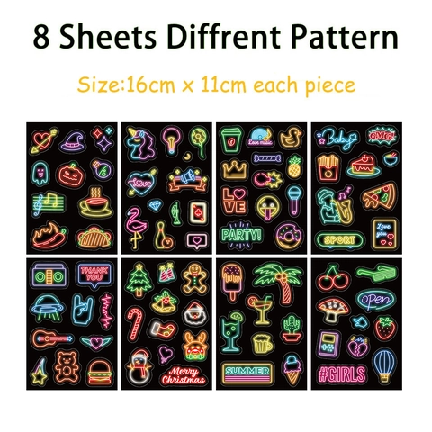 Neon Light Style Waterproof PVC Stickers Pack For Laptop Water Bottle Fridge DIY Decor Cartoon Graffiti Decals For Kids
