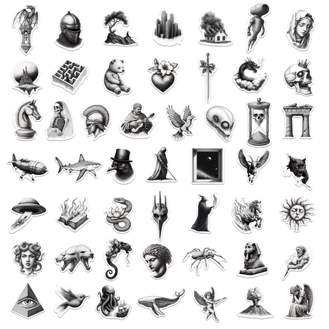 Vintage Gotische Schets Stickers Set Waterdicht PVC Zwart En Wit Pointillisme Kunst Decals Voor Kunststudenten DIY Scrapbook